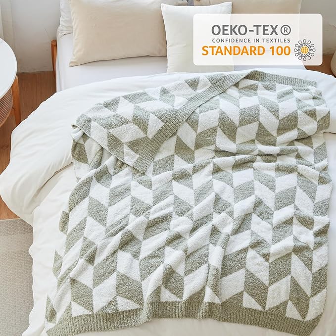 Snuggle Sac Chevron Throw Blanket for Couch, Reversible Super Soft Warm Blankets Cozy Knit Fuzzy Plush Lightweight Throws for Sofa, Bed, Camping, Green,50x60 inches-Ruum Studio Home
