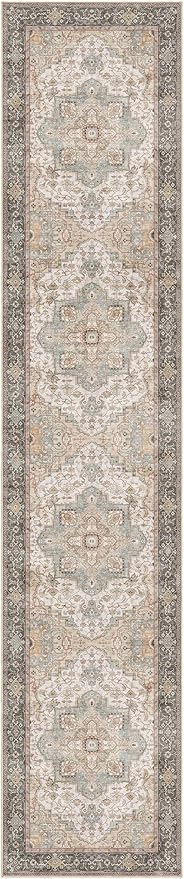 Washable 2.6x12 Runner Rug - Area Rugs Neutral Vintage Distressed Floral Farmhouse Boho Large Soft Floor Rug Indoor Carpet for Hallway Entryway Kitchen Home - Forest Green Orange-Ruum Studio Home