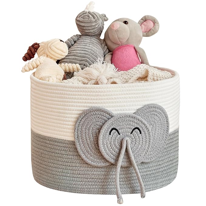 Large Baby Cute Storage Basket for Organizing -Elephant White & Grey 15""x15""x11"", 2024282319065-Ruum Studio Home