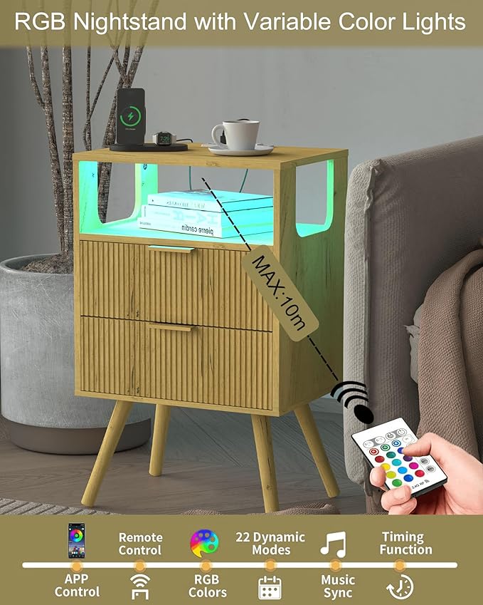 Nightstand with Charging Station and LED Lights,Modern Bedside Table with 2 Storage Drawer and Open Wood Shelf, for Bedroom and Small Spaces,Night Stand with Solid Wood Legs (Yellow Oak)-Ruum Studio Home