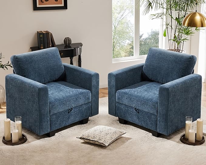 38.5 Oversized Accent Chair with Storage Blue Chenille, Single Modern Accent Sofa Chair with Arms for Apartment Living Room (21" Deep Seat)-Ruum Studio Home