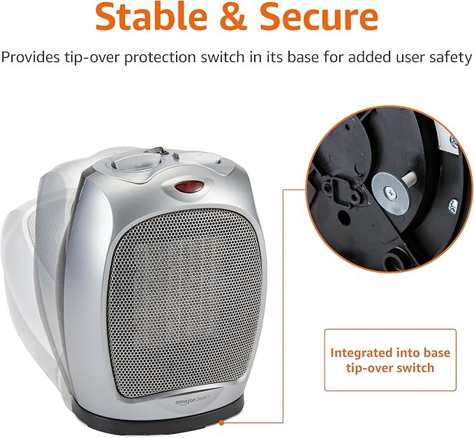 Amazon Basics Oscillating Ceramic Space Heater, Portable Indoor Heating Solution, With Overheat and Tip-Over Protection, Thermostat, 1500W, 7.52"D x 6.34"W x 9.45"H, Silver-Ruum Studio Home