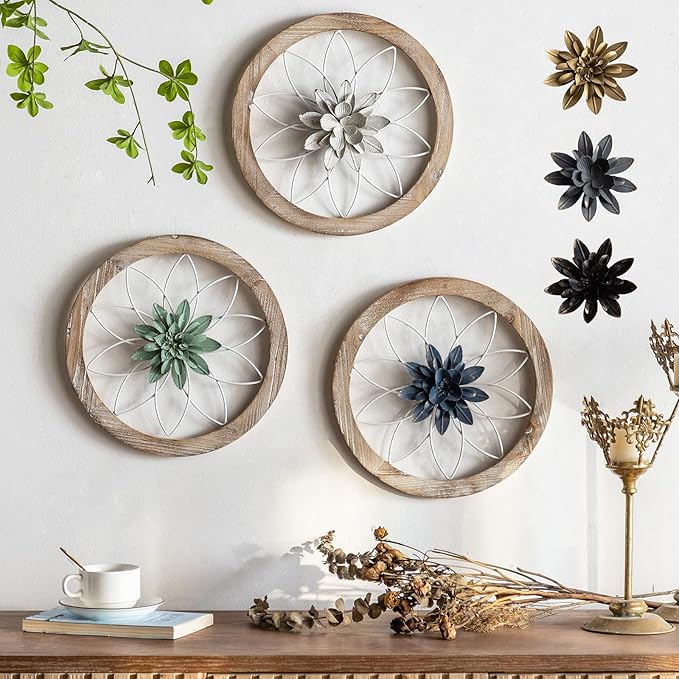 Paquesta 3 Piece Round Farmhouse Wall Decor with 6 Piece Interchangeable Flowers 12'' Medallion Wood & Metal Rustic Wall Art for Living Room Bedroom Kitchen Bathroom Dining Room Home Decorations-Ruum Studio Home