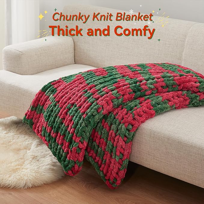 Chunky Knit Throw Blanket, 50''*60'' Knitted Throw Chenille Yarn for Bed Couch, Handmade Stripe Crochet Big Thick Blanket, Machine Washable Cute Comfy Blanket for Home Decor-Ruum Studio Home