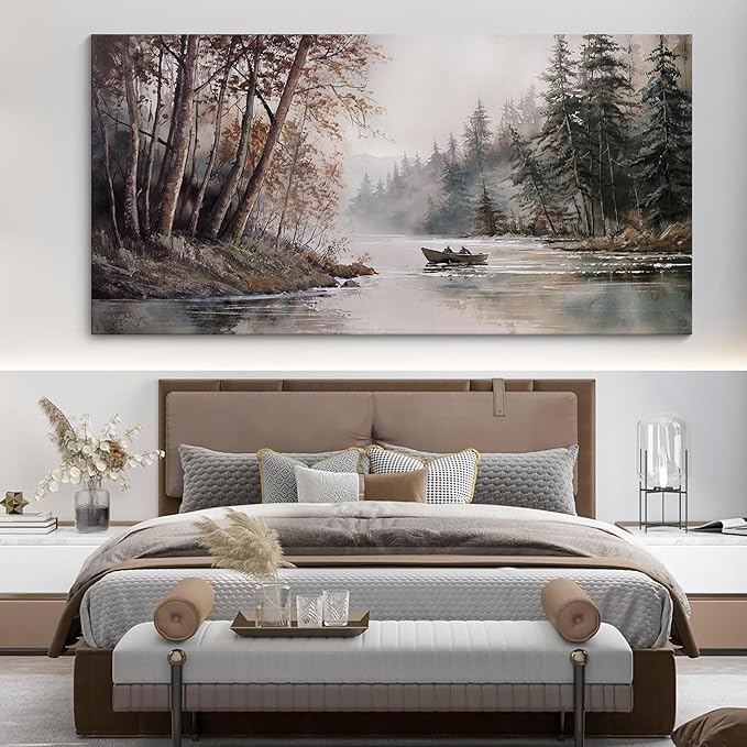 HGUAOA Mountain Canvas Wall Art Rustic Lake Landscape - Nature & Forest Scenery Paintings Pictures for Living Room & Bedroom Wall Decor Vintage Artwork for Walls-Ruum Studio Home