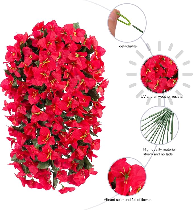 Faux Bougainvillea Artificial Flowers Plants for Outdoor Outside Decoration, 2 PCS Red Fake Flowers UV Resistant Look Real Silk Long Trailing Vines for Front Door Porch Planter Urn Patio Garden Yard-Ruum Studio Home