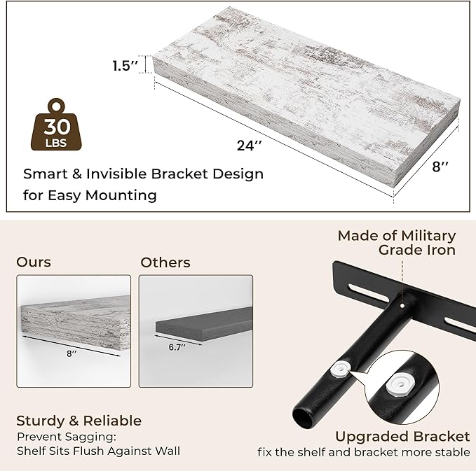 RICHFOCUS 24Inch Floating Shelves for Wall 2 Pack Shelves for Bedroom|Kitchen|Bathroom Wall Mounted Rustic Distressed Wood Floating Shelf with Invisible Brackets for Books|Storage|Decor, Rustic-Ruum Studio Home