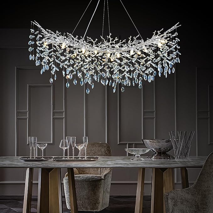 Modern Crystal Silver Chandelier, 55" Large Rectangular Oval Tree Branch Crystal Chandeliers for Dining Room,16-Light Flush Mount K9 Crystal Chandeliers, for Kitchen Island,Dining Room-Ruum Studio Home