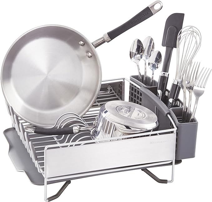 KitchenAid Compact Space Saving, Dish Rack with Removable Flatware Caddy and Angled Self Draining Drainboard, Satin Gray, 15-Inch-by-13.25-Inch-Ruum Studio Home