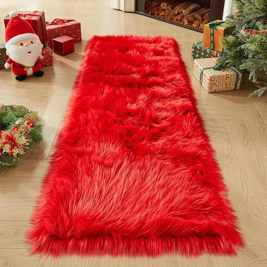 AMTOVO Faux Fur Rug, Red Ultra Soft Fluffy Shag Sheepskin Rug, 2 x 6 ft Runner Area Rugs for Bedroom Sofa Throw Cushion Room Decor, Rectangle-Ruum Studio Home
