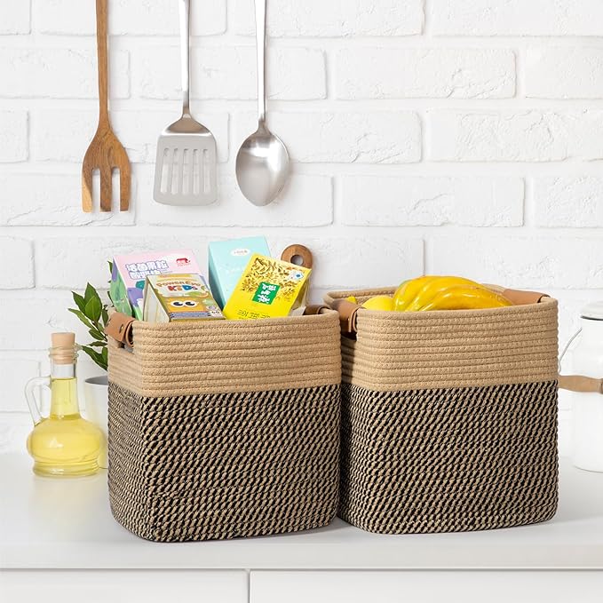 danpinera 3-Pack Cotton Rope Baskets for Storage, 11"x11" Cube Storage Cubes Store Toys, Towel, Snack, Storage Bins with Reinforced Stitching & Practical Handles, Black & Brown-Ruum Studio Home