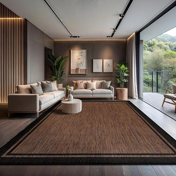 CAMILSON Indoor Outdoor Rug, 10x14 Bordered Nut Brown Black Modern Area Rugs for Indoor and Outdoor Patios, Kitchen and Hallway Mats, Washable Porch Deck Outside Carpet (Border Nut Brown Black 10 x14)-Ruum Studio Home