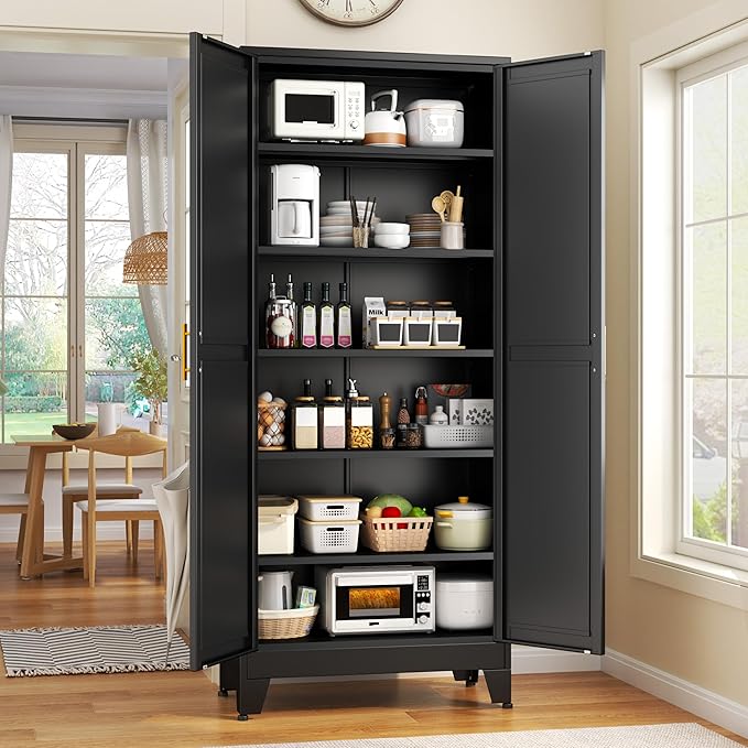 75.2" Tall Storage Cabinet, Pantry Storage Cabinets with 2 Door and 5 Adjustable Shelves, Black Kitchen Food Cabinet, Metal Utility Cabinets for Kitchen, Dinning Room, Laundry Room-Ruum Studio Home