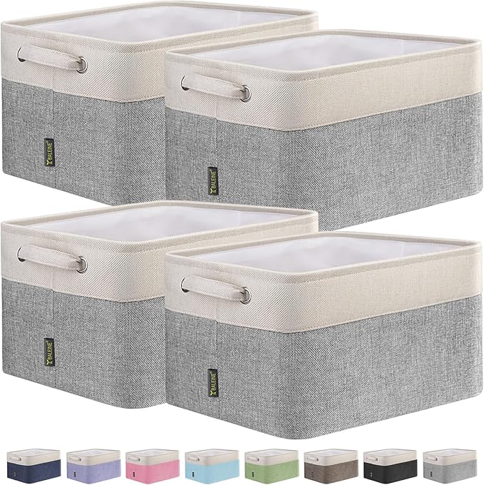 BALEINE 4 Pack Fabric Storage Bins for Shelves, Linen Storage Baskets for Organizing, Decorative Closet Bins for Clothes, Home (Grey, 12"x8"x8")-Ruum Studio Home