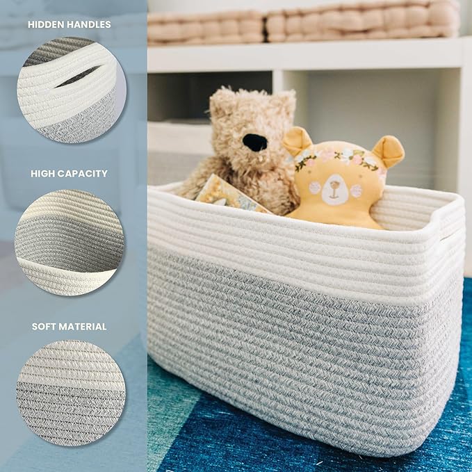 OrganiHaus Set of 3 Woven Storage Baskets for Organizing, Cotton Rope Organizer Bins for Shelves, Closet & Nursery, Dog Toy Basket, Decorative Bins for Toys, Towels & Books - 15x10x9, Grey-Ruum Studio Home