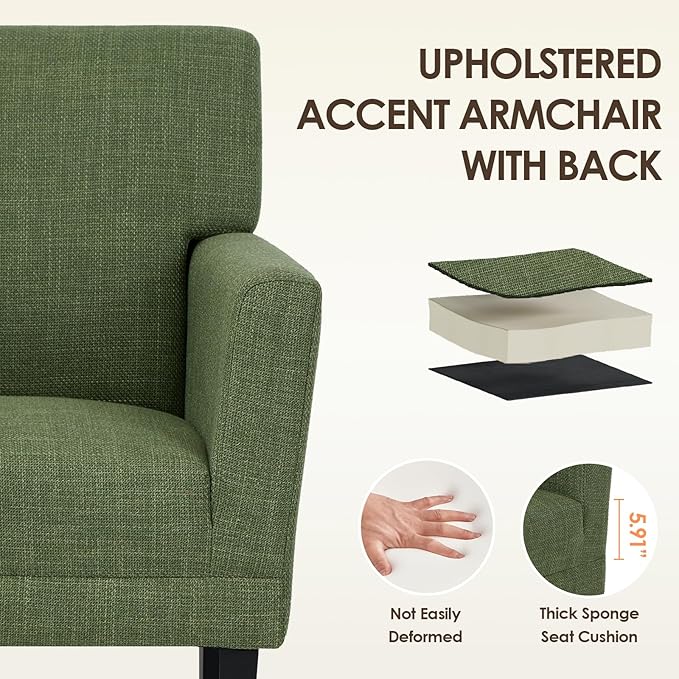 COLAMY Modern Accent Chair for Living Room, Upholstered Fabric Accent Armchair with Back, Soft Single Sofa Chair with Arms for Bedroom/Office/Reception Room, Green-Ruum Studio Home