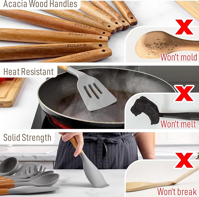 Zulay Kitchen Utensils Set Non-Stick Silicone Cooking Utensils Set with Authentic Acacia Wood Handles - 8 Piece Set - Silicone Kitchen Utensils Set with 464°F Heat Resistance - Gray-Ruum Studio Home