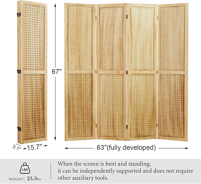 Room Divider Freestanding Folding Pegboard Privacy Screen | 4-Panel Display Stand for Jewelry, Craft Shows, Retail | Natural Wood, Portable & Space-Saving Design (Natural)-Ruum Studio Home