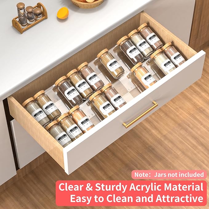 2-Tier Non-Slip Spice Drawer Organizer, 2-Pack Checkered Frosted Clear Acrylic, Expandable (11''-22'') Spice Rack for Kitchen Drawer Storage – Holds Seasonings, Herbs, and Spices (Jars Not Included)-Ruum Studio Home