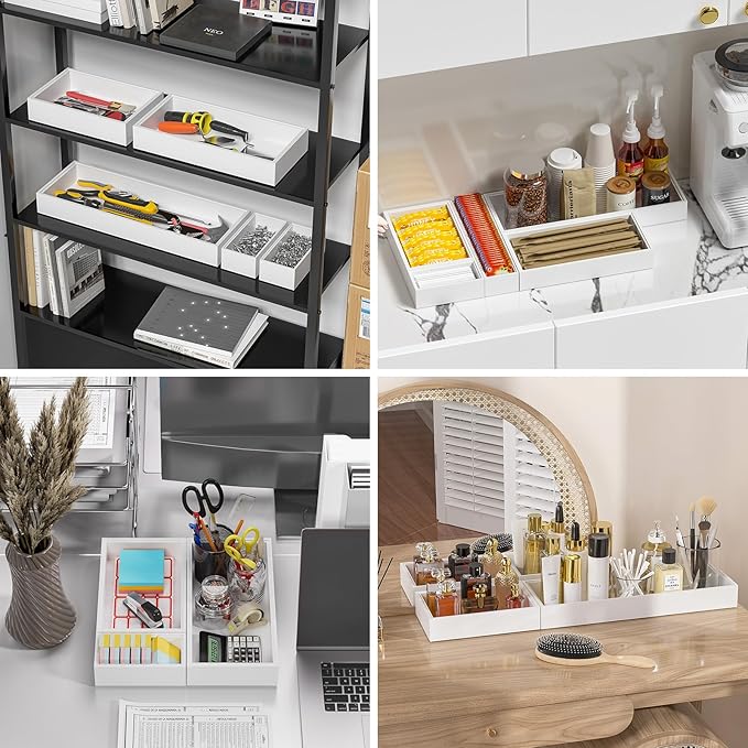 Bamboo Drawer Organizer, Extra Large Silverware Organizer for Kitchen Drawer, Stackable Utensil Organizer, 2 Pcs Toilet Tank Topper Tray, Wooden Toilet Paper Basket (White, 17 X 6 X 2 Inch)-Ruum Studio Home
