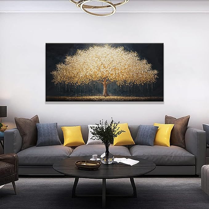 Wall Art Gold Tree Of Life Modern Wall Art Artwork Canvas Art Wall Decor Painting Gold Tree Pictures Abstract Wall Decor For Living Room Bedroom Dining Room Home Office Artwork Ready To Hang 24"X 48"-Ruum Studio Home