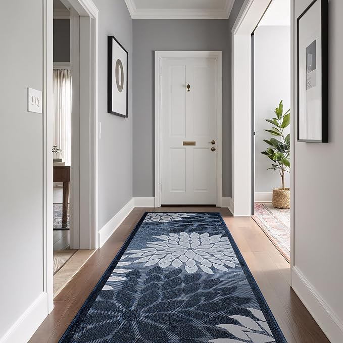 Beverly Rug Outdoor Runner Rug 2x7 Modern Floral Tropical Area Rugs for Indoor and Outdoor Patio Easy to Clean Non Shedding Living Room Porch Garden Washable Outside Carpet (2 x 7 Navy Blue)-Ruum Studio Home