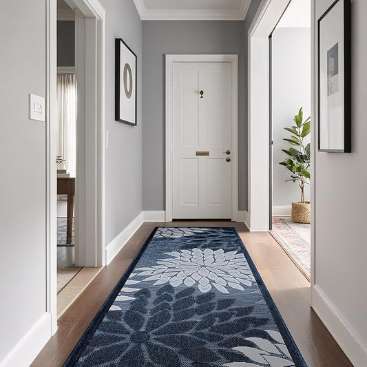 Beverly Rug Outdoor Runner Rug 2x7 Modern Floral Tropical Area Rugs for Indoor and Outdoor Patio Easy to Clean Non Shedding Living Room Porch Garden Washable Outside Carpet (2 x 7 Navy Blue)-Ruum Studio Home