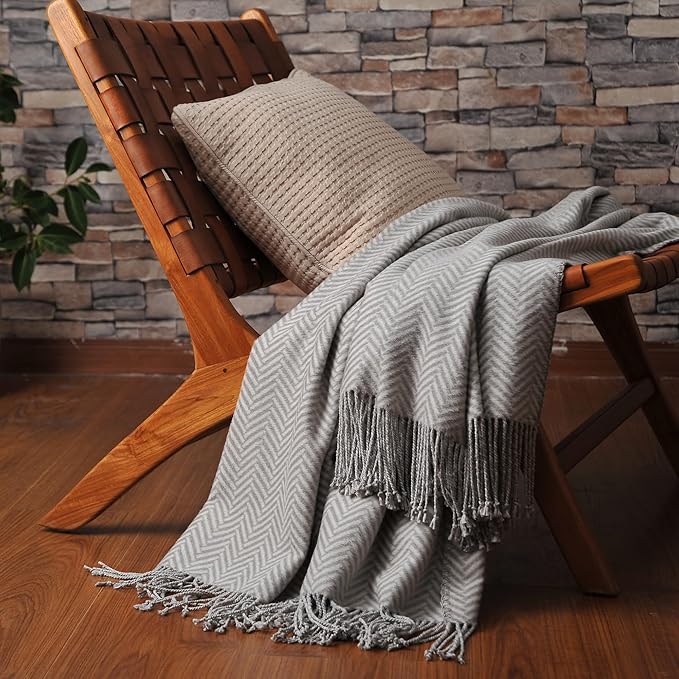 CUDDLE DREAMS Silk Throw Blanket with Hand-Knotted Fringe, Natural, Soft & Breathable (Herringbone Gray)-Ruum Studio Home