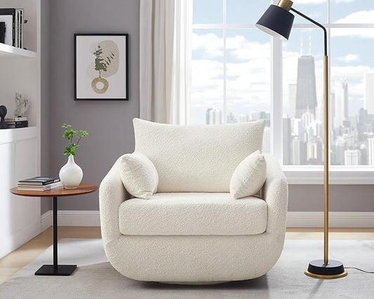 360° Swivel Accent Armchair, 39.3" Oversized, Sherpa Boucle Fabric Sofa Chair with Removable Back & Arm Pillows, Swivel Chair with Cozy Soft Padded, No Assembly Required (1, Cream White)-Ruum Studio Home
