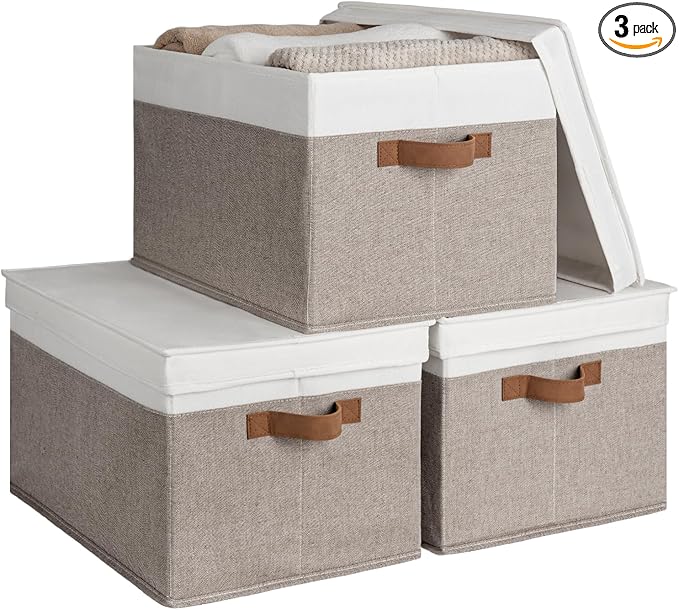 StorageWorks Storage Bins with Lids, Decorative Storage Boxes with Lid and PU Handles, Foldable Storage Baskets for Closet, Shelves, Stackable, Brown and White, Jumbo, 3-Pack-Ruum Studio Home