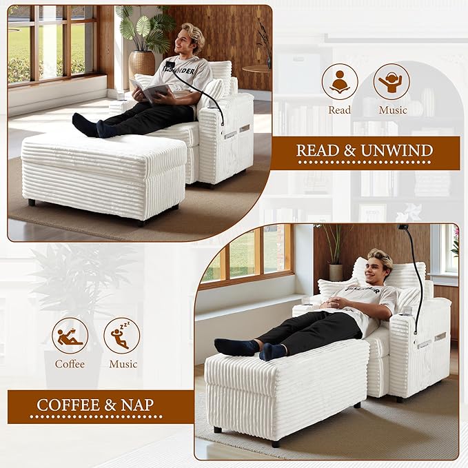 Accent Chair with Storage Ottoman Upholstered Living Room Chairs for Reading Chair with Chaise Lounge Chairs Indoor, Comfortable Armchair for Bedroom-Ruum Studio Home