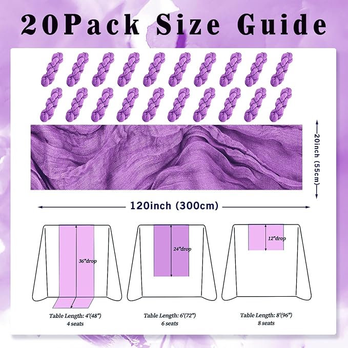20 Pack Purple Cheesecloth Table Runner 10FT Boho Fabric Rustic Cheese Cloth Table Runner for Wedding Bridal Shower Baby Shower Gauze Sheer Birthday Party Table Decorations 20 x 120 Inch Long-Ruum Studio Home