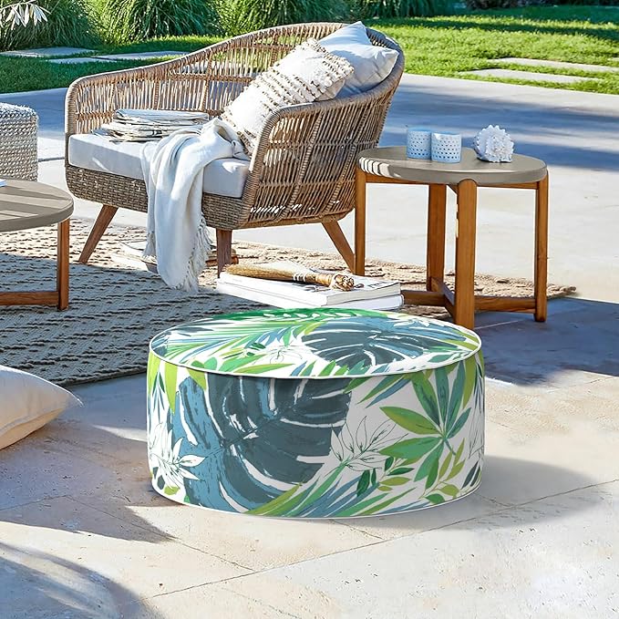LVTXIII Outdoor/Indoor Round Inflatable Ottoman, All Weather Patio Footstool, Portable Footrest Seat for Patio Garden, Camping or Home, 21"x21"x9", Islamorada Blue Green-Ruum Studio Home