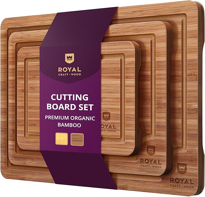ROYAL CRAFT WOOD Wooden Cutting Boards for Kitchen Meal Prep & Serving - Bamboo Wood Serving Board Set with Deep Juice Groove Side Handles - Charcuterie & Chopping Butcher Block for Meat (3 Pcs)-Ruum Studio Home