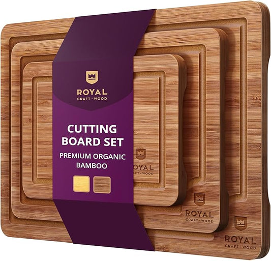 ROYAL CRAFT WOOD Wooden Cutting Boards for Kitchen Meal Prep & Serving - Bamboo Wood Serving Board Set with Deep Juice Groove Side Handles - Charcuterie & Chopping Butcher Block for Meat (3 Pcs)-Ruum Studio Home