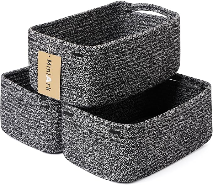 Small Storage Baskets for Organizing | Closet Organizer Bins | Shelf Toy Basket | Woven Rope Baskets | Cube Decorative Box | Shallow Basket | 13x8.5x5.1” | 3 Packs Dark Gray-Ruum Studio Home