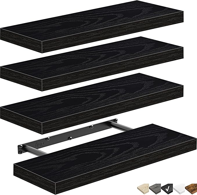 QEEIG Floating Shelves for Wall Bathroom Shelf Bedroom Kitchen Living Room Farmhouse Small Book Shelf 16 inch Set of 4, Black (015-B4)-Ruum Studio Home