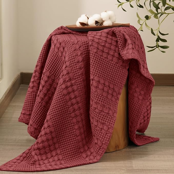 PHF 100% Cotton Waffle Weave Throw Blanket, Soft Lightweight Breathable Cozy Summer Throws for Couch Bed Sofa, Luxury Aesthetic Woven Blanket for Home Decor & Office, 50"x60", Wine Red-Ruum Studio Home