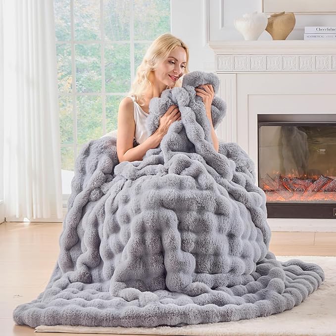 BENVWE Fluffy Faux Fur Throw Blanket for Couch, Soft Plush Thick Cozy Fuzzy Luxury Minky Bubble Blanket for Home Living Room Decor Gift for Women, Light Grey, 63" x 80", 1100GSM-Ruum Studio Home