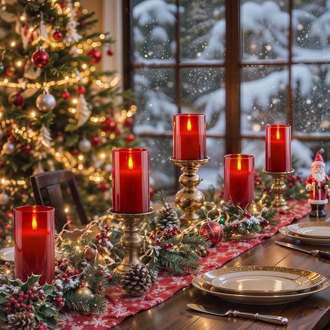 Homemory Red Glass Flameless Candles, Battery Operated LED Pillar Candles with Remote Control and Timer, Radiance Candles, Real Wax, Set of 3,D3 xH4 5" 6"-Ruum Studio Home