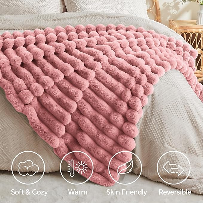 BEDELITE Faux Fur Throw Blanket for Couch, Soft and Cozy Luxurious 3D Striped Fluffy Blanket, 770GSM Thick Warm Plush Fuzzy Faux Rabbit Fur Blanket for Women Gift (Pink, 60"x 80")-Ruum Studio Home