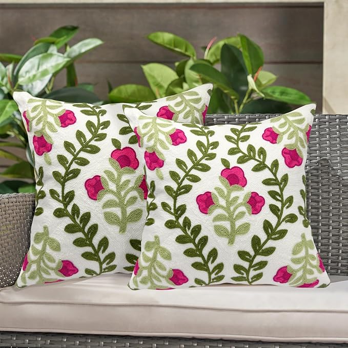 Alysheer Floral Embroidered Summer Decorative Throw Pillow Covers 20"x 20" Set of 2, Farmhouse Cottage Hot Pink Flowers Green Leaves Knit Pattern Cotton Canvas Cushion Case for Couch Bed Living Room-Ruum Studio Home