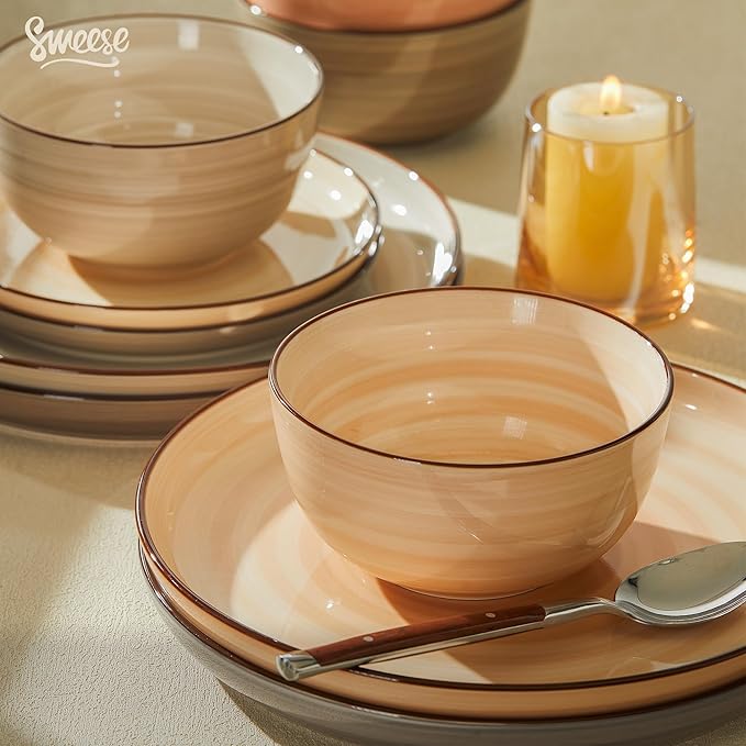 Sweese Plates and Bowls Sets, 18 Piece Dinnerware Set Porcelain Round Dinner Set for 6, Scratch Resistant Dishes Set, Dishwasher and Oven Microwave Safe Handpainted Swirl Dishware Sets, Neutral-Ruum Studio Home