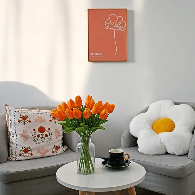 Mandy's Artificial Tulips 20 Stems Orange PU Faux Flowers for Wedding Home Decor 13.5 Inch-Ruum Studio Home
