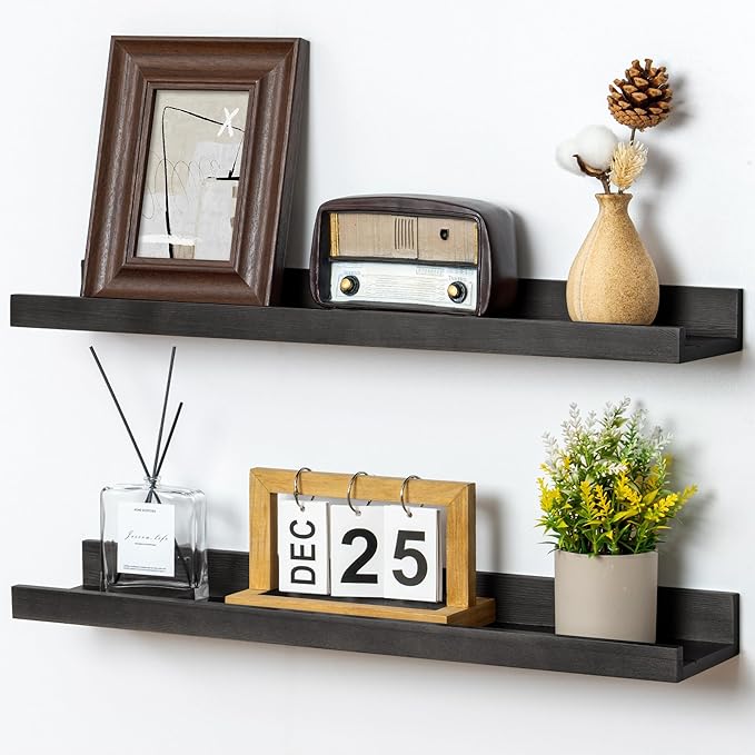 Picture Ledge Shelf for Wall, 24 inch Solid Pine Wood Nursery Book Shelves 2 Packs, Floating Ledge Shelves for Kids' Room Bedroom Bathroom Living Room Photo Frames Office Nursey Wall Decor, Black-Ruum Studio Home