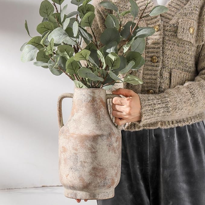 Mitt&Ditt Ceramic Flower Vase with Handles, 11 inch Tall Vase for Centerpieces, Large Decorative Terracotta Vases, Farmhouse Rustic Vases for Home Decor, Living Room, Table, Neutral-Ruum Studio Home