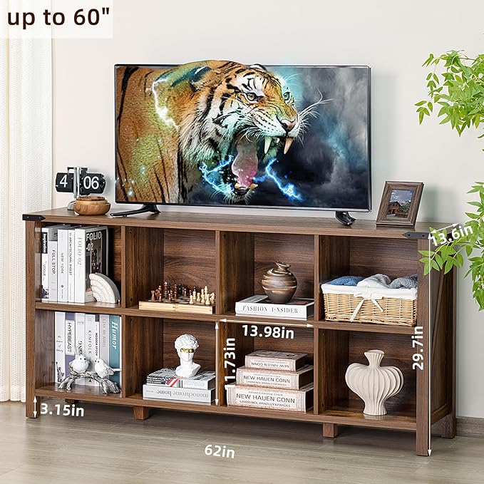 8 Cube Book Shelf, Farmhouse Wood Long Storage Organizer Bookcase, 62" Horizontal Brown Walnut Console Closet Bookshelf, Hallway TV Stand for Entryway, Display Cabinet Book Case for Office-Ruum Studio Home