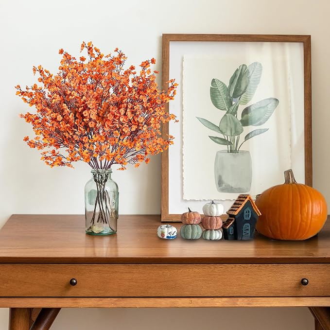 Sggvecsy 15 Pcs Babys Breath Artificial Flowers Gypsophila Bouquets Bulk Real Touch Fake Silk Flowers for Home DIY Floral Arrangement Table Centerpiece Fall Autumn Decoration (Fall Orange)-Ruum Studio Home