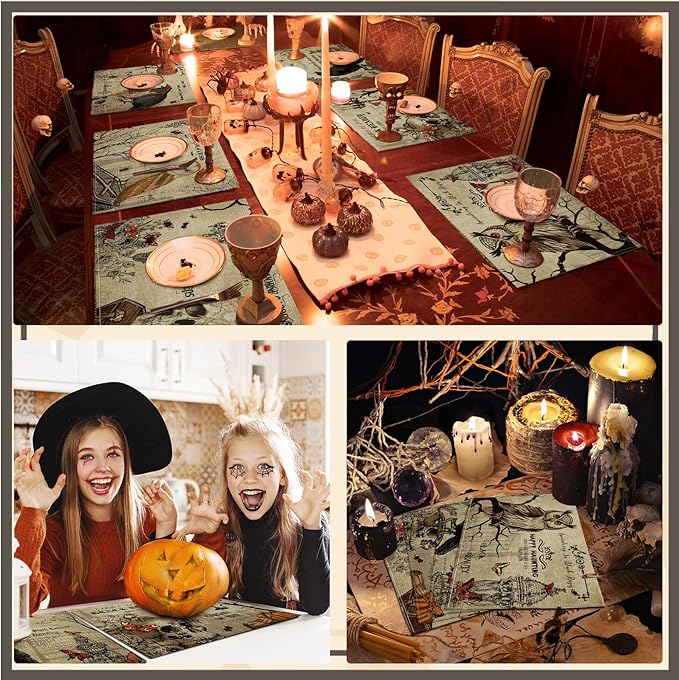 Umigy 6 Pcs Halloween Placemats 12"x18" Gothic Bat Placemats Kitchen Decoration Washable Witch Place Mats Rectangle Skull Table Mats for Halloween Dining Table Accessories(Poster Style)-Ruum Studio Home
