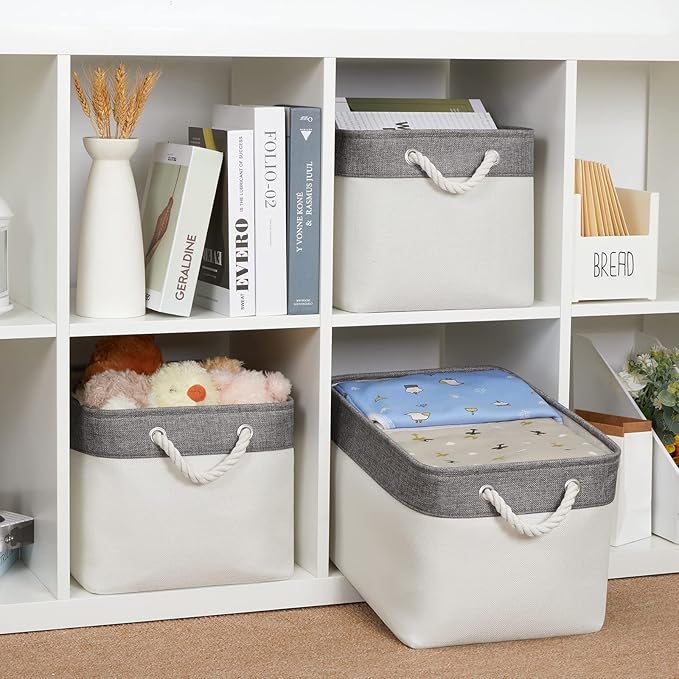 Bidtakay White Baskets with Cotton Rope Handles Decorative Storage Bins [3-pack] Fabric Bins for Organization Linen Closet Shelf Storage Baskets for Clothes Toys Towels 15 X 11 X 9.5 Inches-Ruum Studio Home